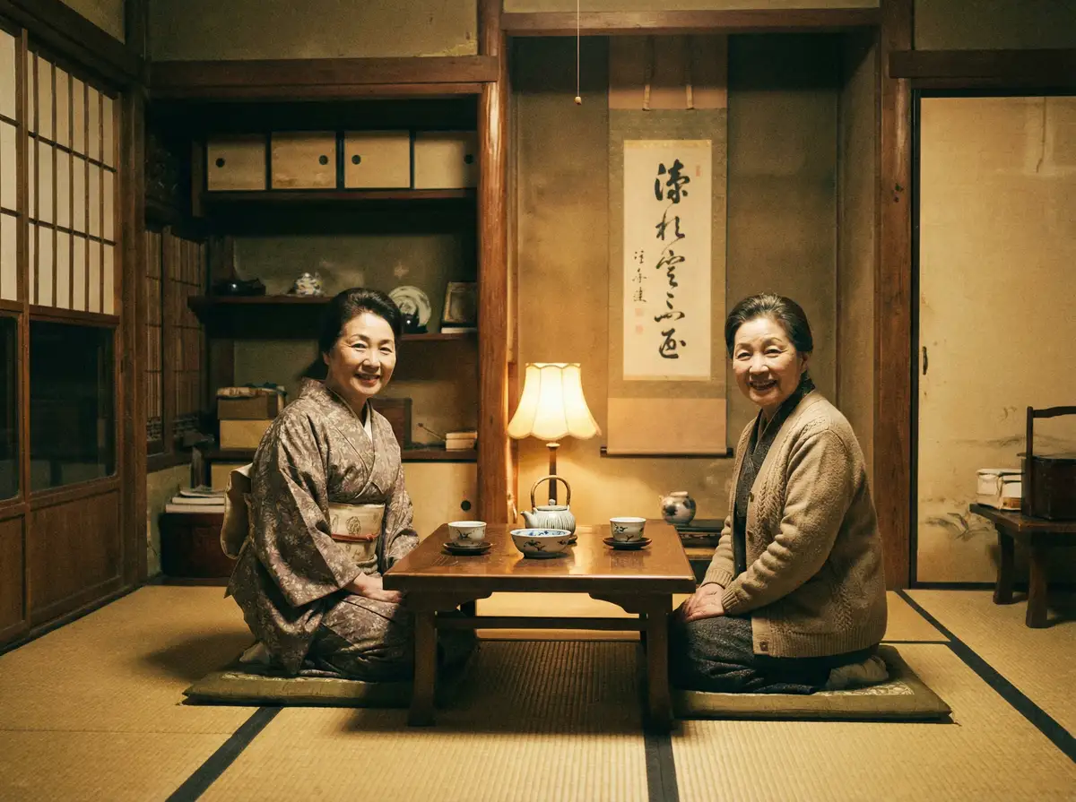 两位优雅的 女神视频 在日式茶室中品茶交谈
